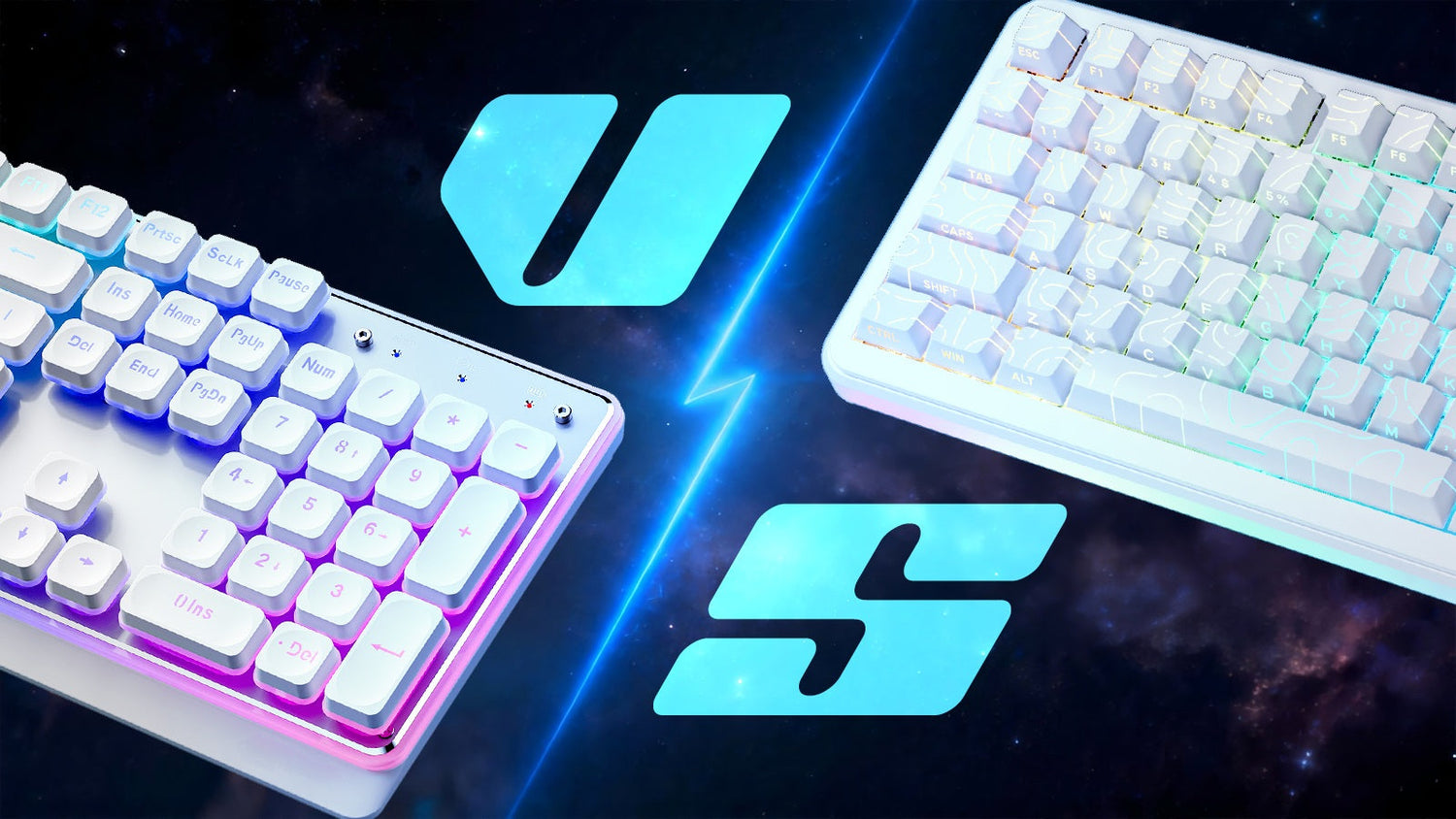 Side-by-side comparison of two white mechanical keyboards with a VS logo on a galaxy background