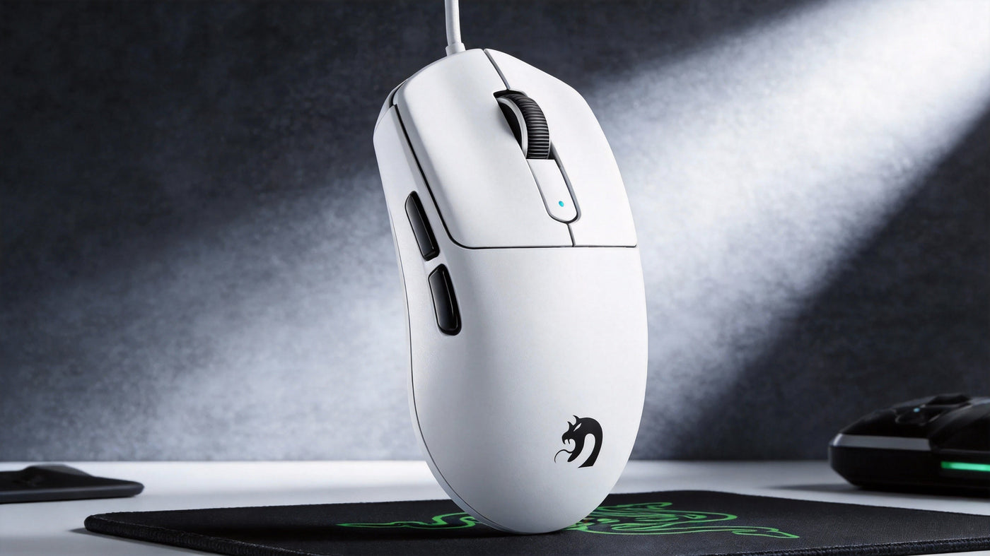 Gaming mouse click latency comparison table showing polling rates and mean latency for M5 Ultra and competitors.