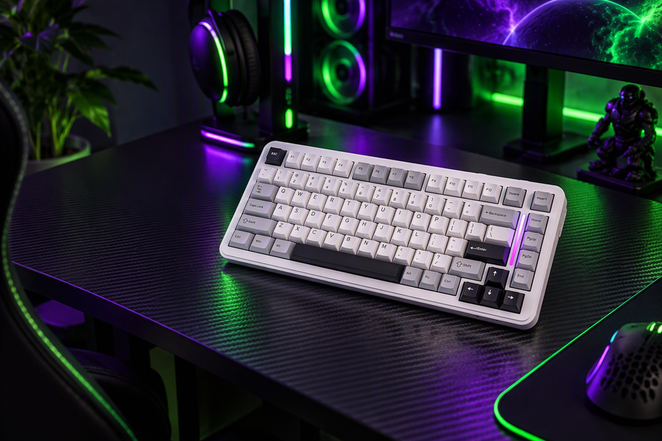 White 75% magnetic gaming keyboard on a carbon-fiber desk in a dark esports setup, with neon green and purple RGB lighting and open space on the left.