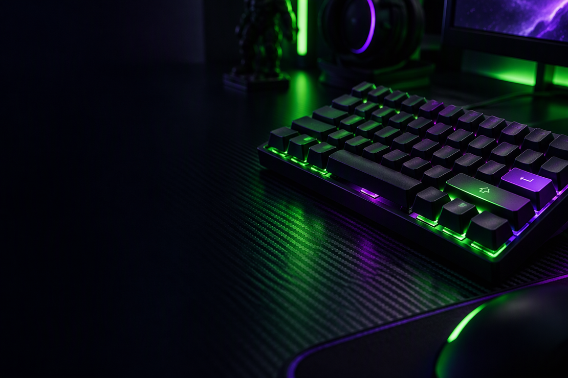 Mechanical keyboard on a dark RGB-lit gaming desk, with Enter and left Shift keys visible.