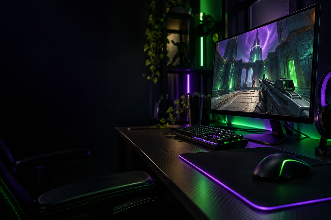 A mouse and mousepad on a carbon-fiber gaming desk in a dark arena FPS setup, with neon green and purple lighting and open dark space on the left.