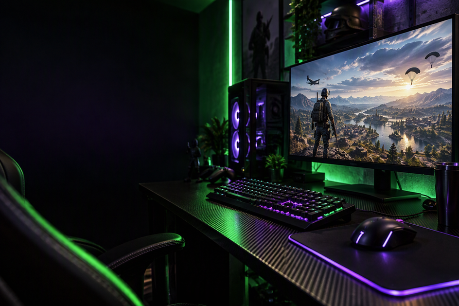 Dark esports desk with a gaming mouse and keyboard beside a monitor showing a generic battle royale landscape, lit with neon green and purple RGB.