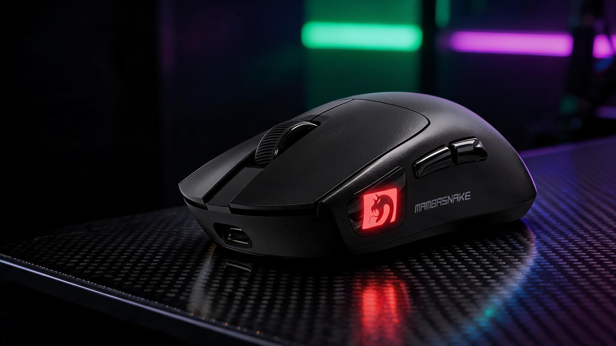 MAMBASNAKE M4 wireless gaming mouse on a carbon-fiber gaming desk with visible thumb-side buttons and saturated green and purple RGB lighting