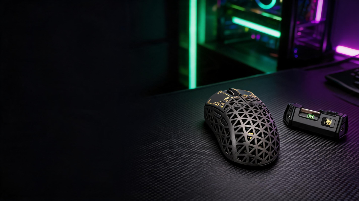 Black carbon-fiber wireless gaming mouse beside a receiver on a carbon-fiber esports desk with neon green and purple lighting