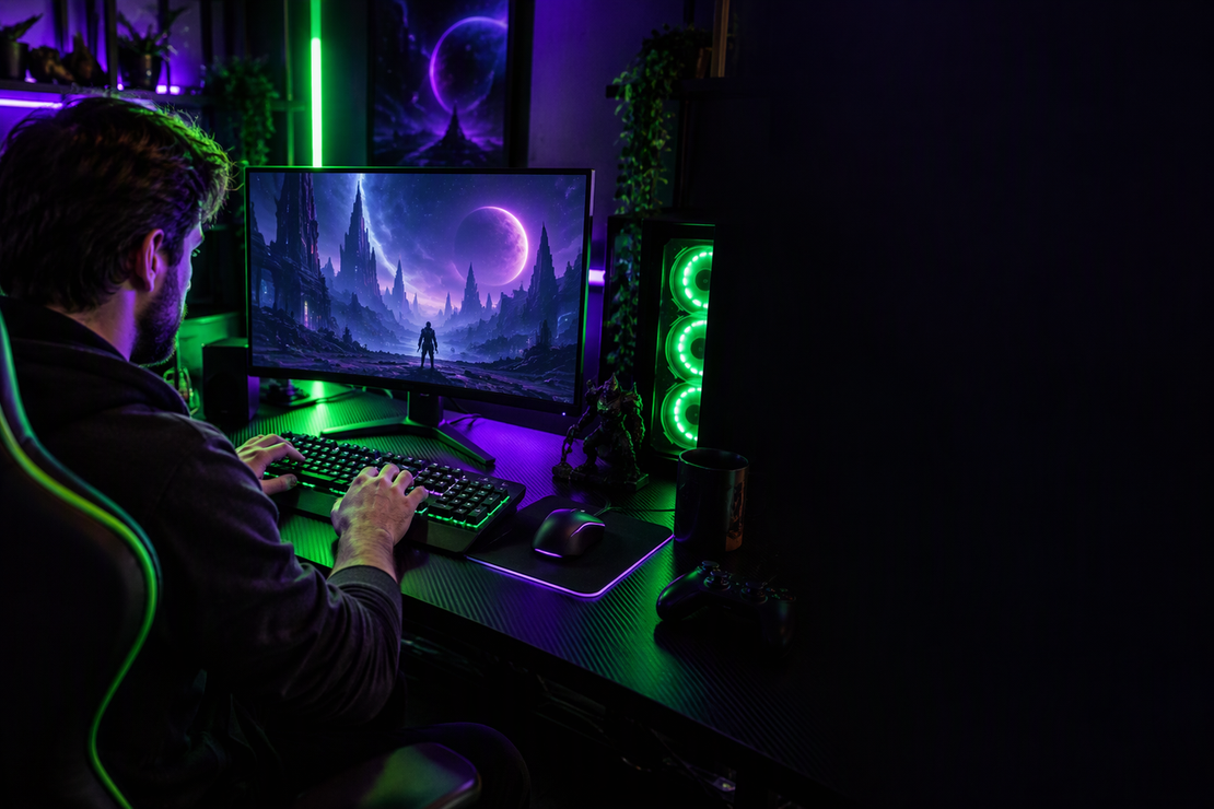 A typist using a keyboard at a neon-lit home gaming desk