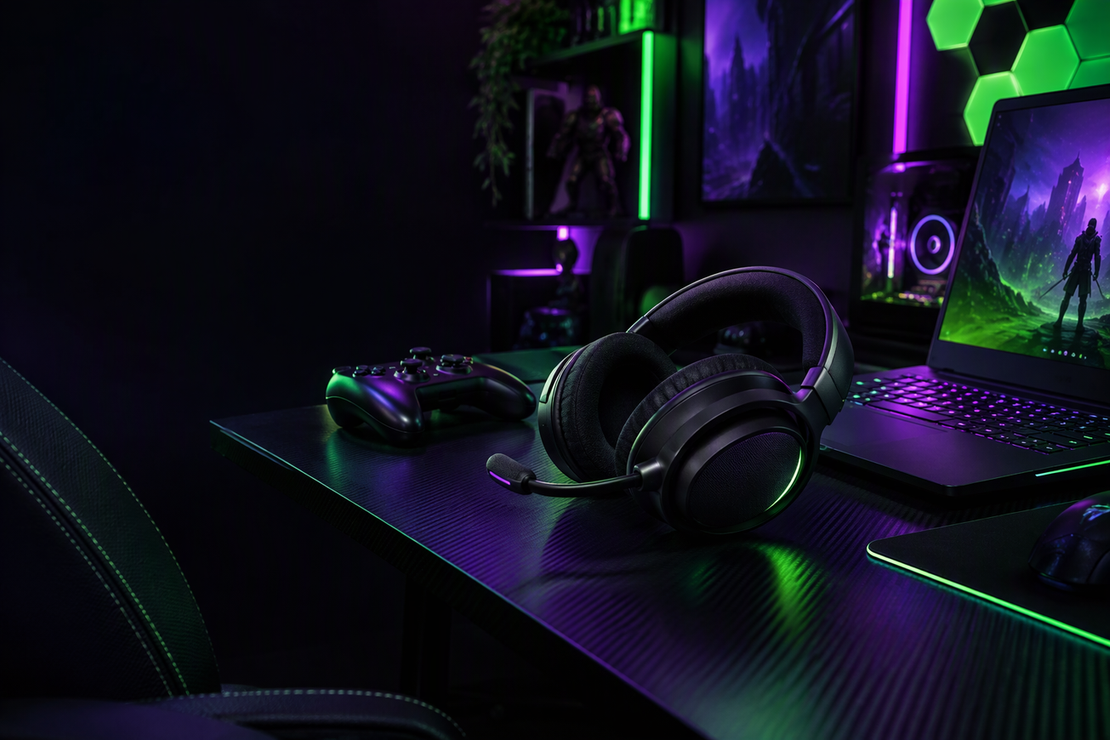 An unbranded Bluetooth gaming headset on a carbon-fiber desk beside a laptop and game controller in a neon-lit gaming room.
