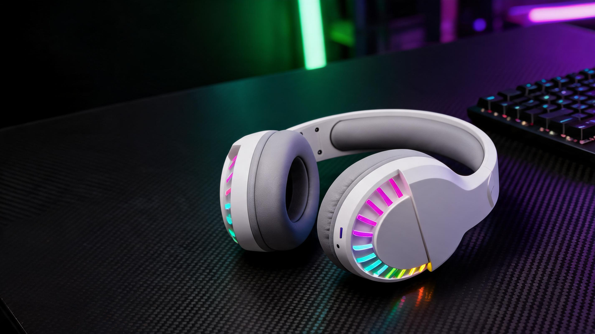 White over-ear wireless headset with illuminated earcups on a carbon-fiber gaming desk in a dark RGB-lit room