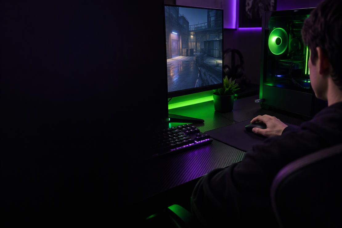 A gamer uses a wireless mouse with its receiver at a neon-lit gaming desk.