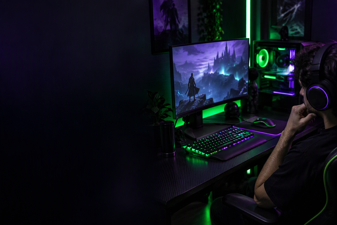 A gamer pauses at a dark RGB-lit desk with a keyboard, mouse, and mouse pad in view.