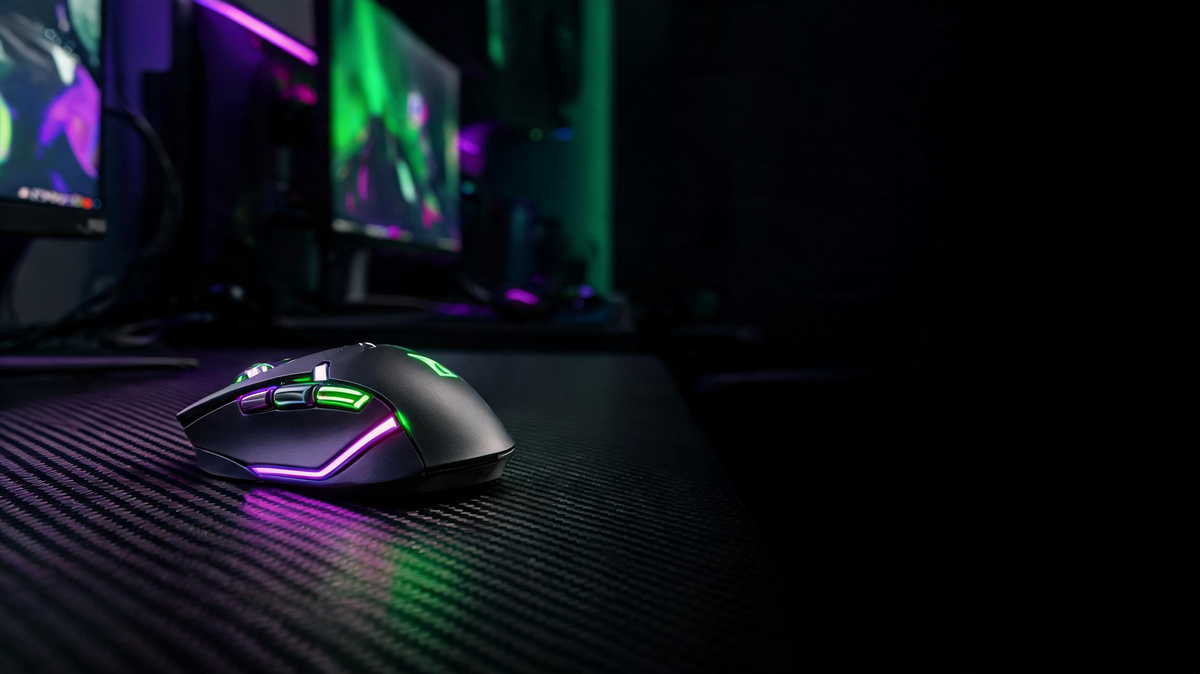 Generic budget gaming mouse on a carbon-fiber desk in a dark esports room with saturated neon green and purple RGB lighting