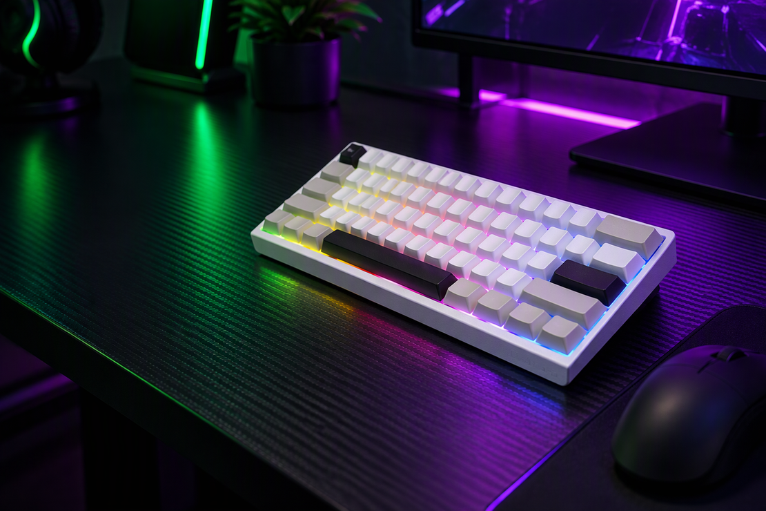 White compact RGB gaming keyboard on a carbon-fiber desk in a dark gaming setup
