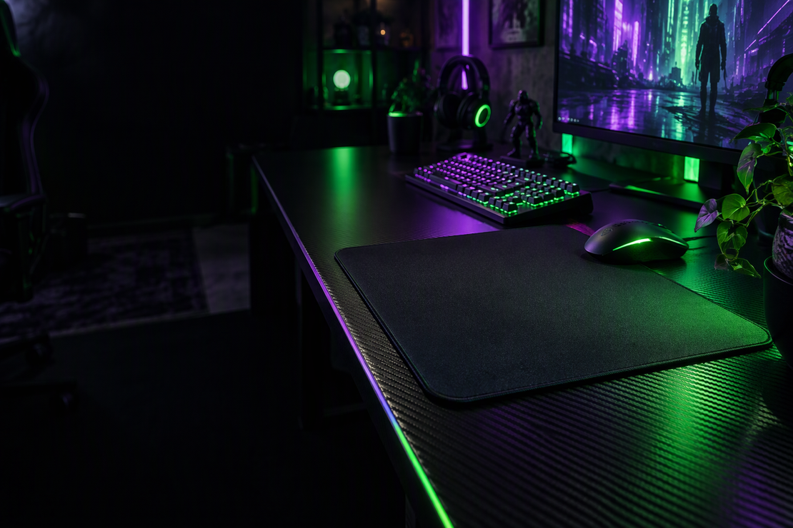 Unbranded mousepad on a carbon-fiber gaming desk with neon green and purple lighting.