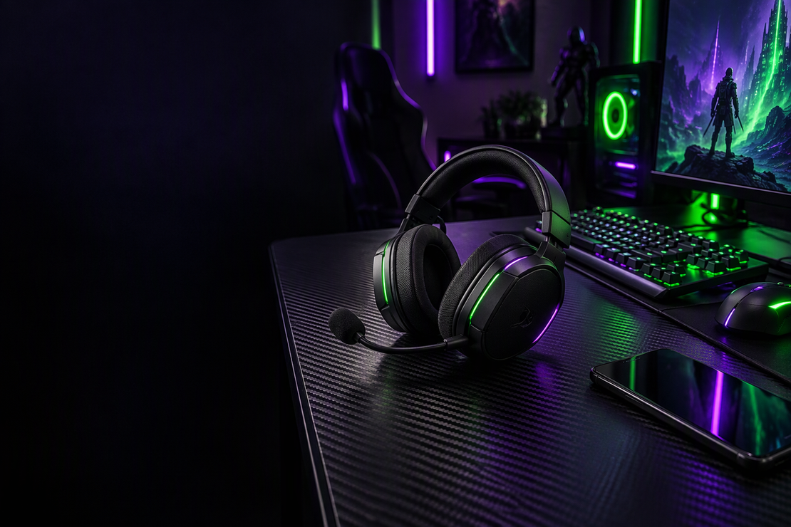 A gaming headset sits between a desktop gaming setup and a smartphone.