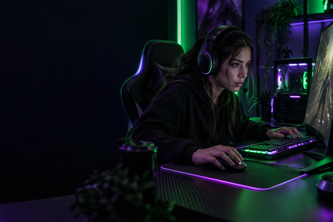 A player wearing a gaming headset plays at a dark, neon-lit gaming setup, with open shadowed space on the left.