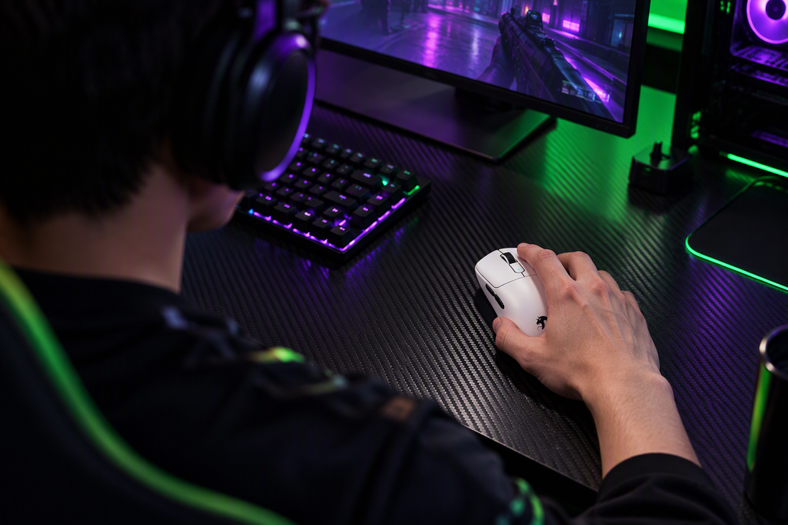 A white wireless gaming mouse rests on a carbon-fiber desk in a dark, neon-lit gaming room, with open shadowed space on the left.