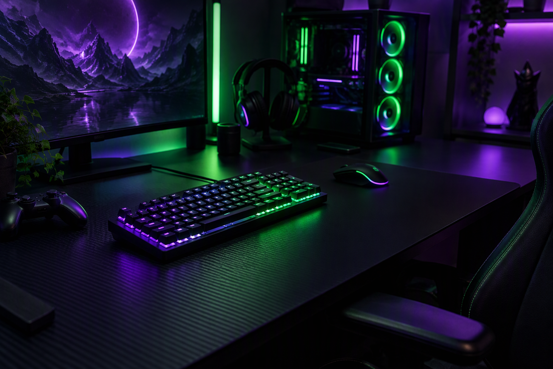 An unbranded keyboard on a carbon-fiber desk in a dark, neon-lit gaming room.