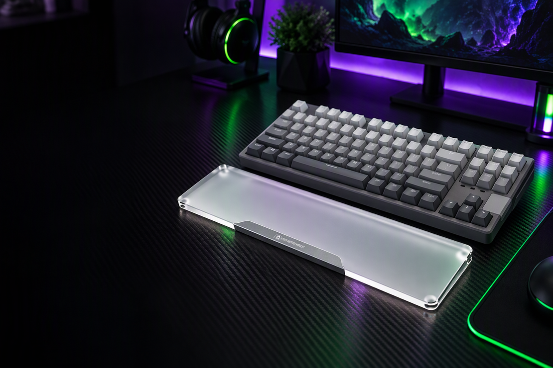 A translucent acrylic wrist rest sits in front of a compact keyboard on a neon-lit gaming desk.