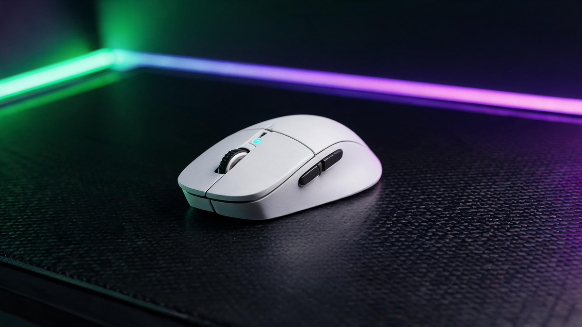 Ultralight wireless gaming mouse on a carbon-fiber gaming desk beside a monitor and subtle RGB lighting