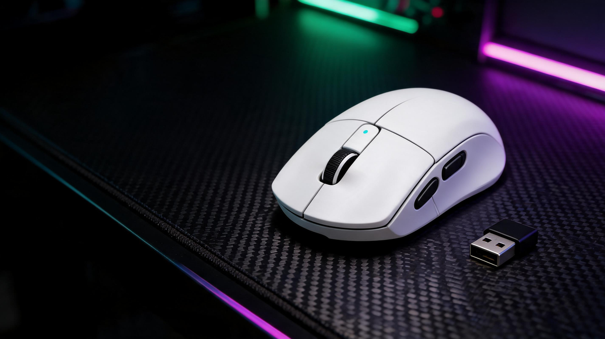 Lightweight gaming mouse on a carbon-fiber desk in a neon-lit gaming room