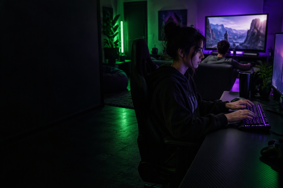 A person types at a keyboard in a shared room while a roommate watches television nearby.