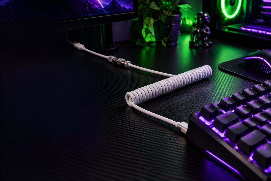 White coiled aviator keyboard cable arranged beside a keyboard on a carbon-fiber gaming desk, with purple and green RGB light and dark open space on the left.
