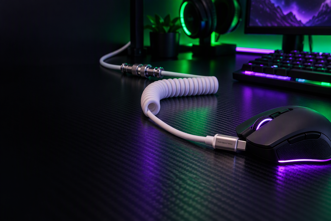 White coiled mouse cable connected to a wired gaming mouse on a dark, RGB-lit gaming desk.