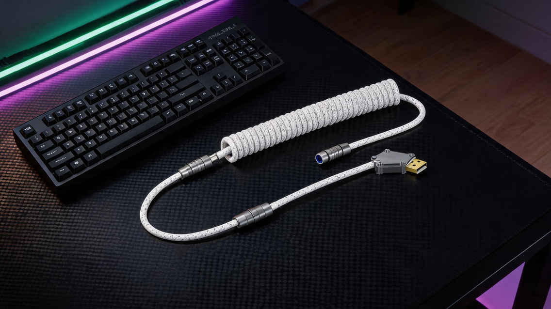 White coiled aviator keyboard cable arranged beside a mechanical keyboard on a carbon-fiber gaming desk with purple and neon-green RGB lighting