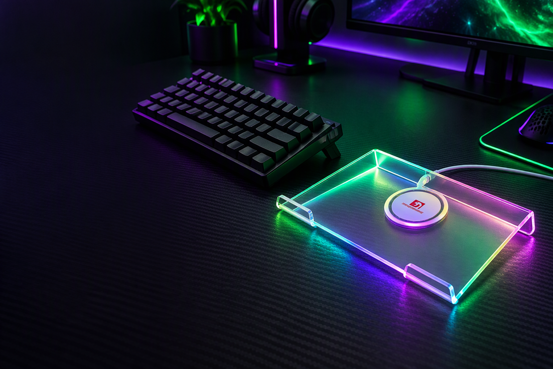 A compact keyboard with its built-in feet extended beside a clear RGB acrylic stand on a carbon-fiber gaming desk.