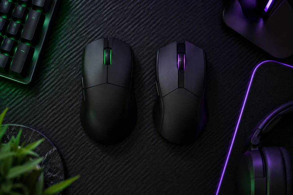 Two unbranded gaming mice with similar lengths and different shell contours on a gaming desk.