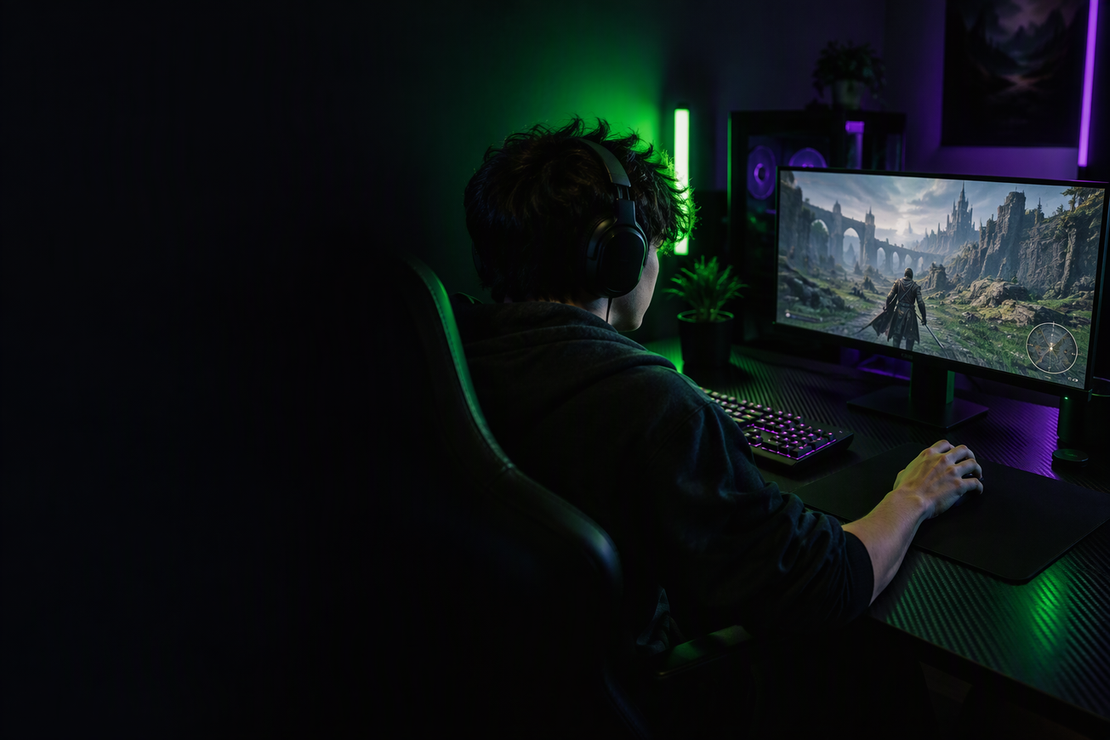 A gamer at a dark RGB-lit setup with an unbranded mouse and a game on screen.