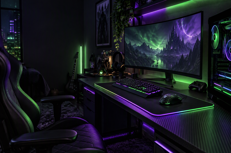 A coordinated gaming desk with dark carbon-fiber surfaces, contrasting peripheral finishes, a textured desk mat, and neon green and purple backlighting.