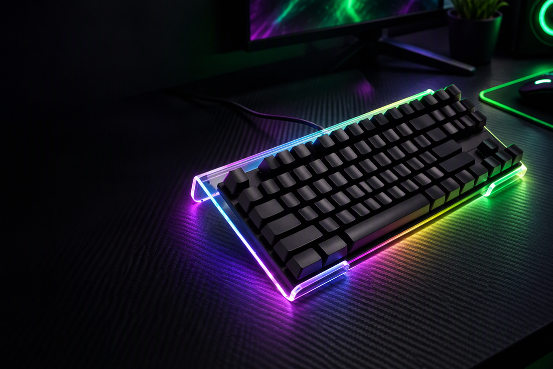 A black compact keyboard resting on an inclined clear acrylic RGB-edged keyboard stand on a dark gaming desk.