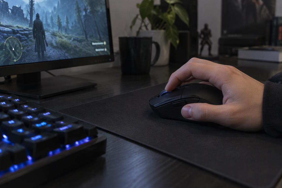 A gamer uses a mouse wheel at a dark gaming setup.