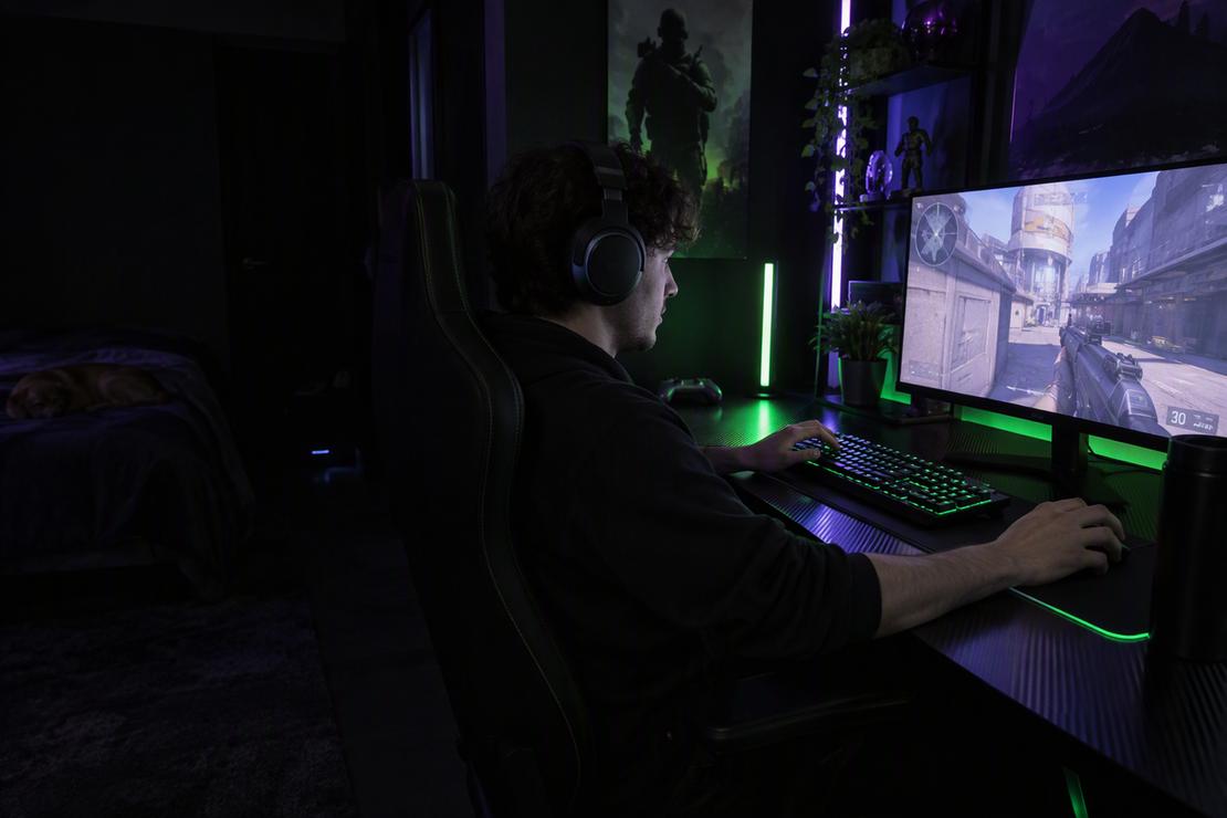 Gamer wearing an over-ear headset at a dark, neon-lit gaming setup.
