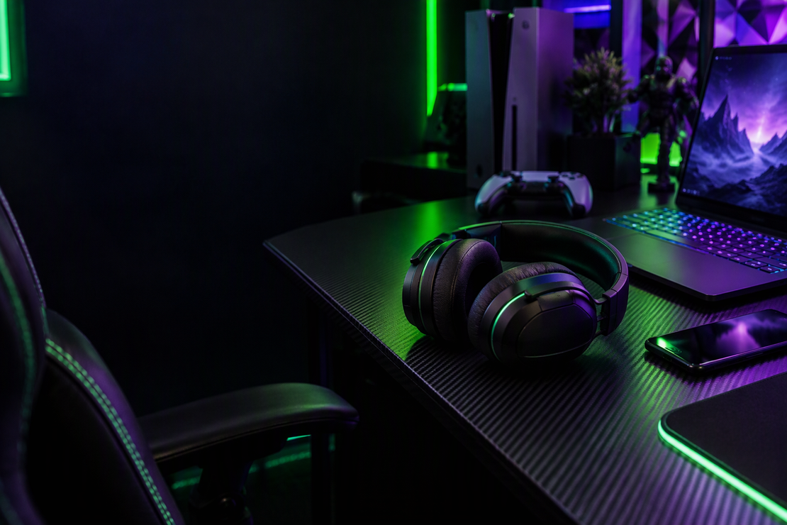 An unconnected gaming headset sits among a console, laptop, and phone in a neon-lit gaming setup.