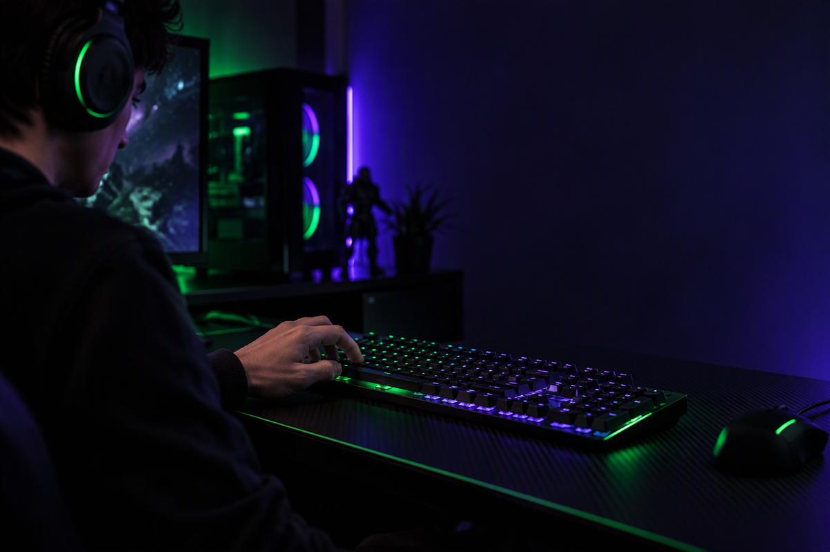A gamer presses a key on a gaming keyboard in a dark esports setup.