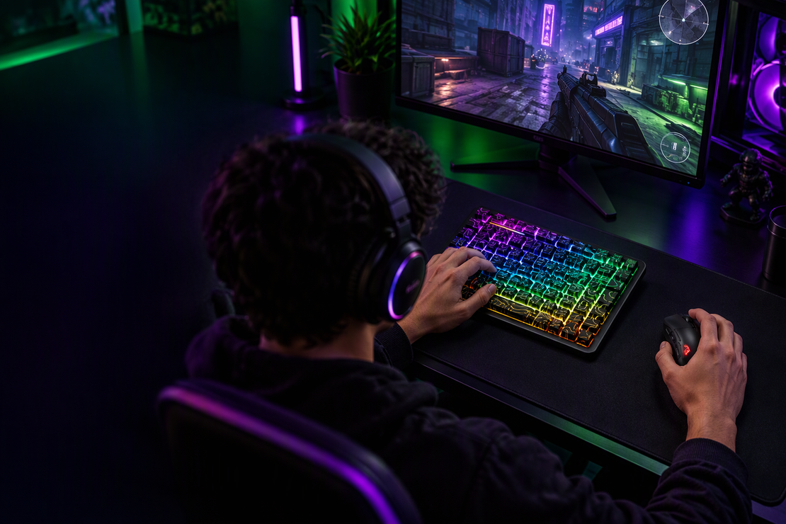 Gamer using a keyboard and mouse at a neon-lit carbon-fiber desk, with dark open space on the left.