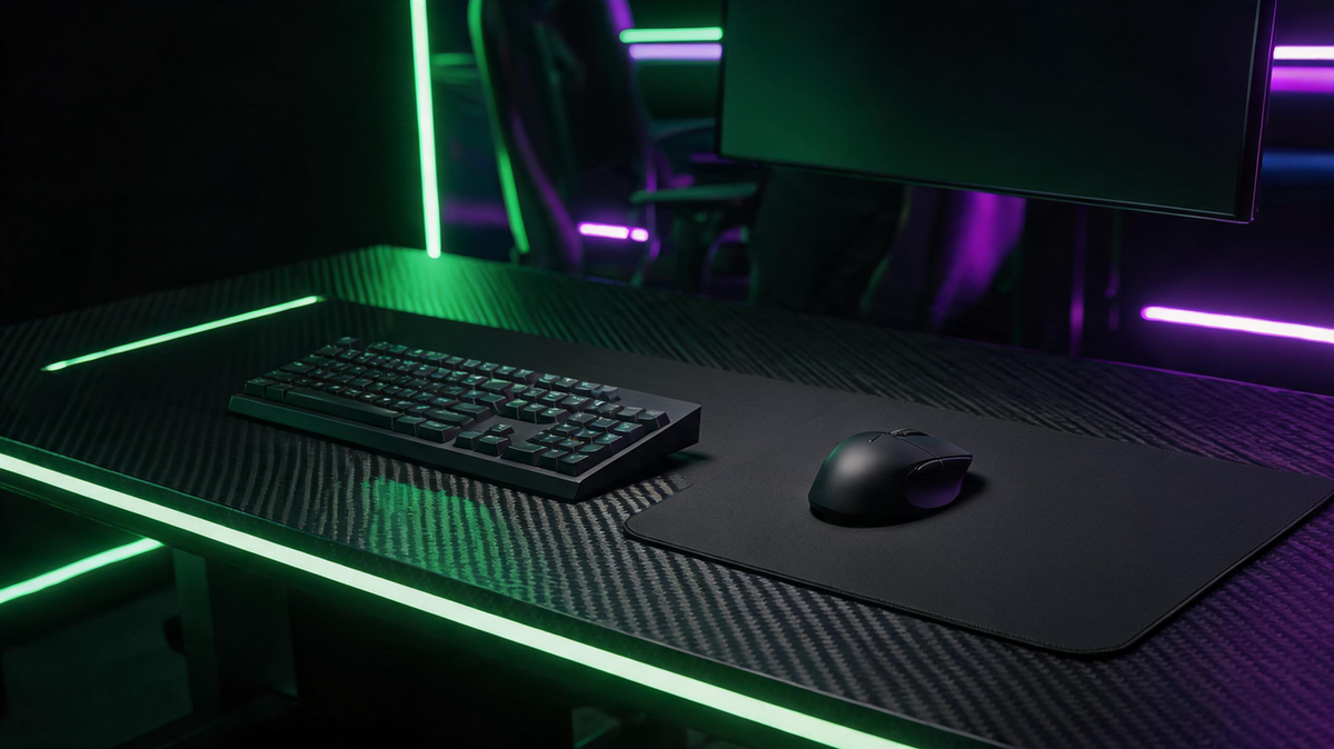 Dark gaming desk with a keyboard, mouse, and mouse pad arranged with clear movement space and vivid green and purple RGB lighting