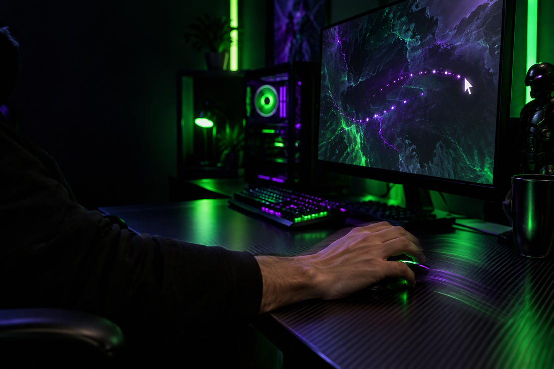 A gamer makes a quick mouse movement in a neon-lit setup as an interrupted cursor trail hints at skipping.