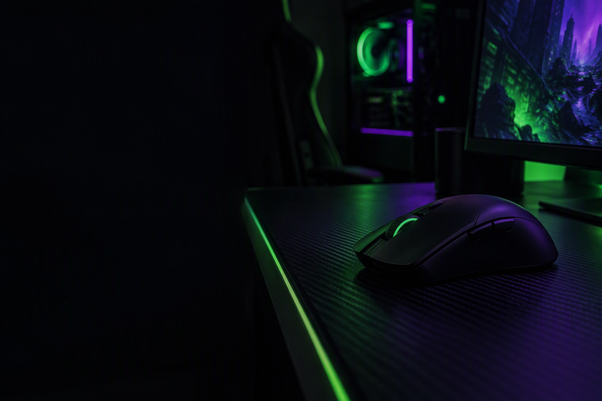Unbranded gaming mouse resting on a desk beside a monitor in a dark gaming setup.