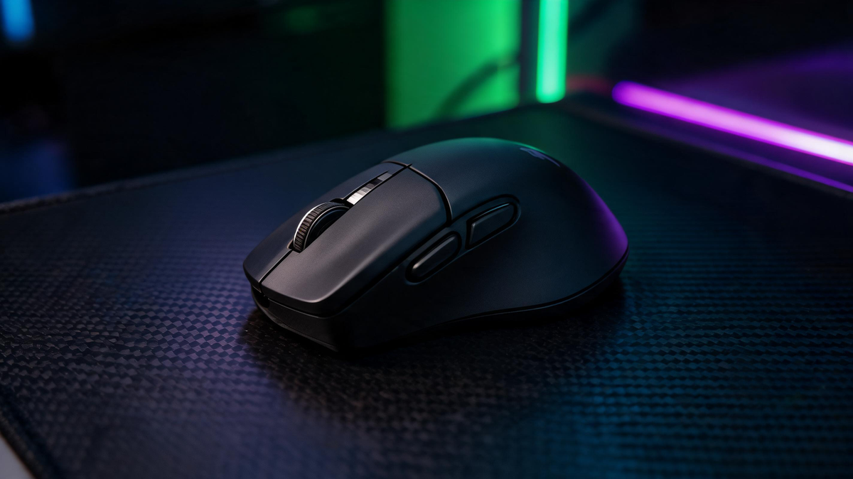 MAMBASNAKE M3 gaming mouse on a carbon-fiber desk in a dark RGB-lit gaming setup, with the mouse positioned to leave dark negative space for headline text