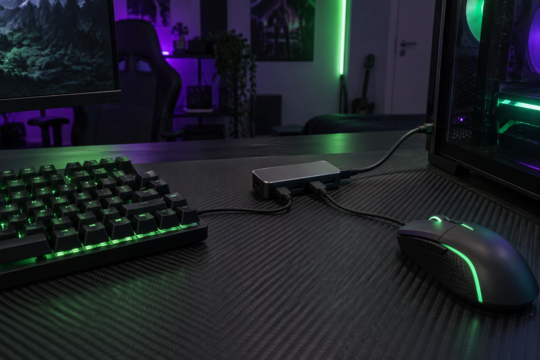 A gaming keyboard and mouse connected to a USB hub on a dark gaming desk