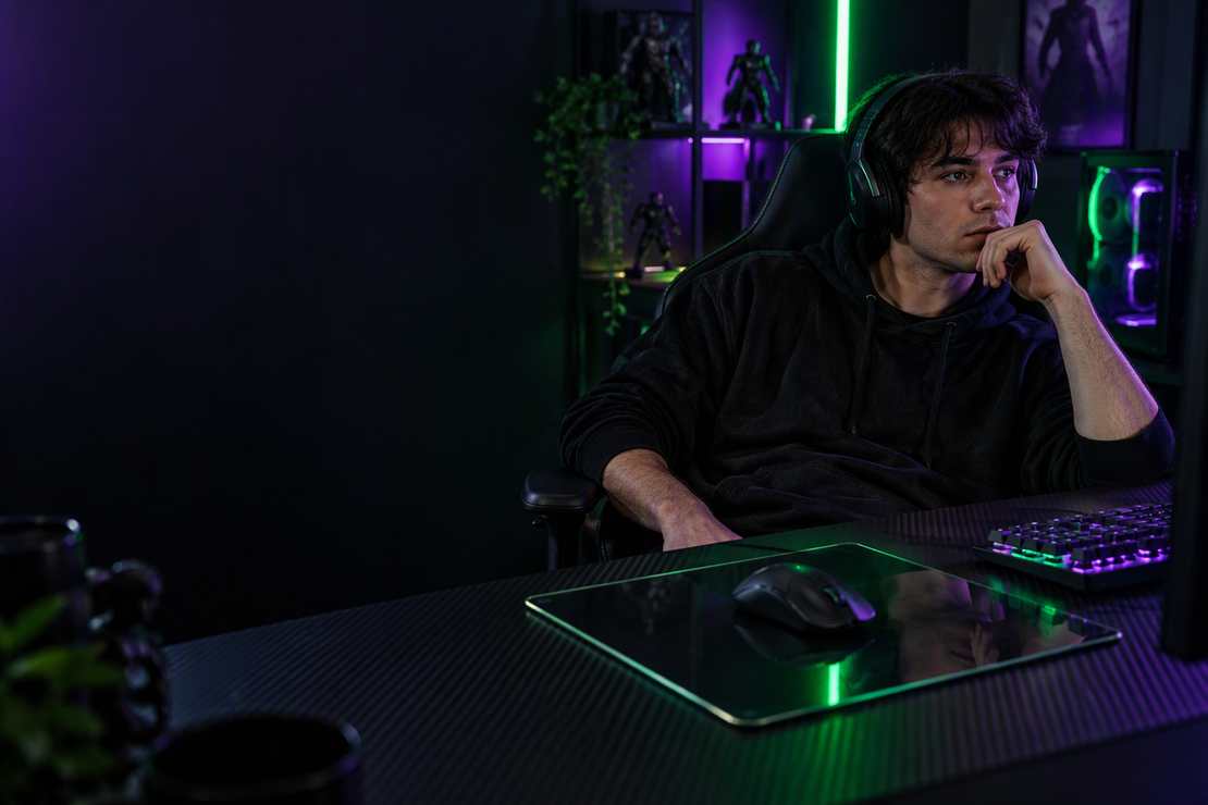 A gamer at a glass mouse pad in a dark esports setup, with neon reflections and open shadowed space at the left.