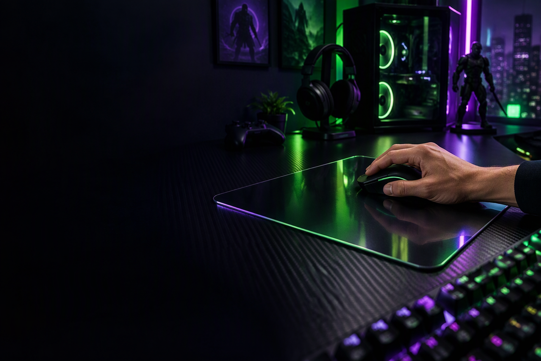 A gaming mouse gliding across a tempered-glass mousepad on a carbon-fiber desk in a neon-lit gaming setup.