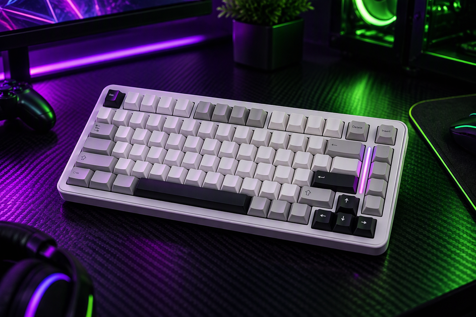 MAMBASNAKE M82 HE keyboard on a carbon-fiber desk in a dark RGB-lit gaming setup, with open shadowed space beside it