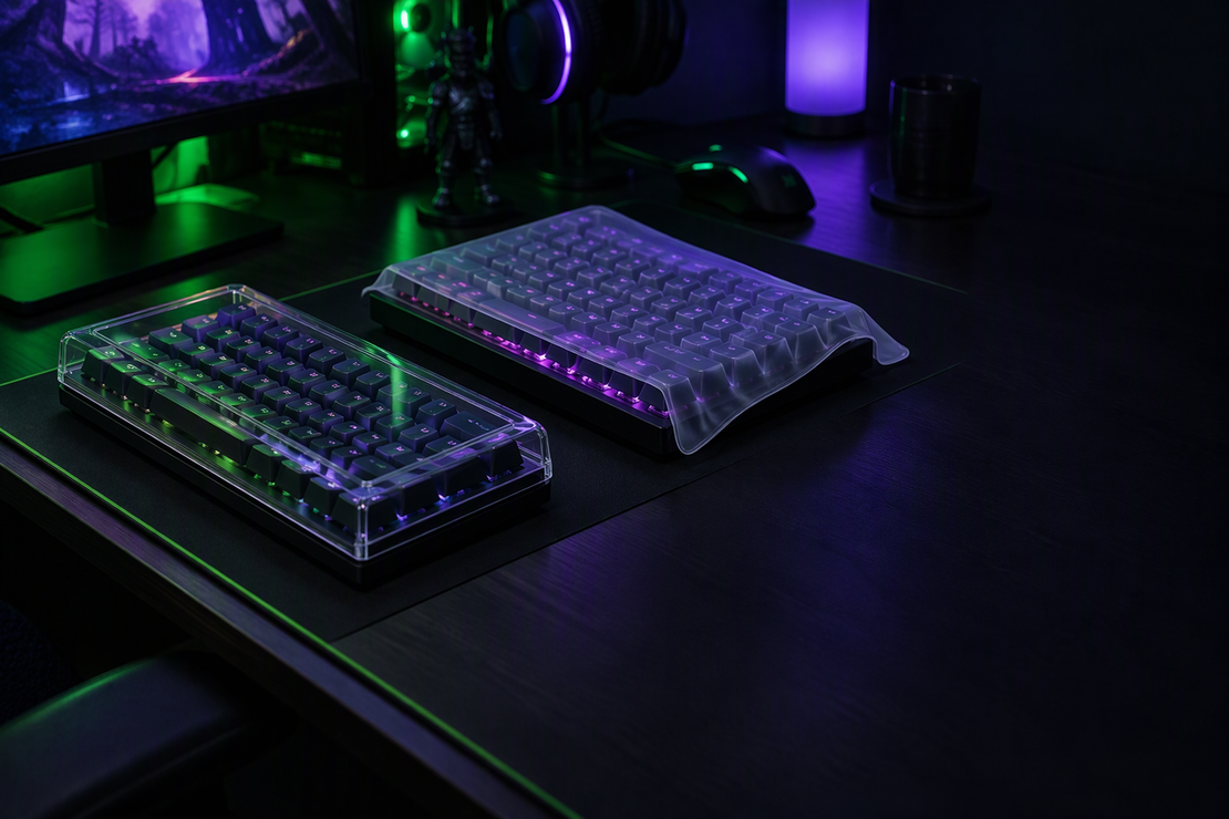 A rigid clear keyboard cover and a flexible soft cover shown on compact keyboards side by side.