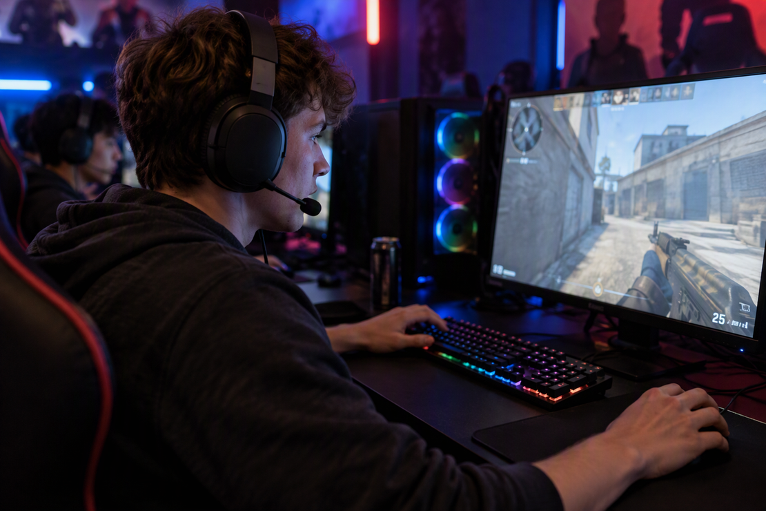 A gamer speaks into a headset while playing at a desktop in a neon-lit gaming room.