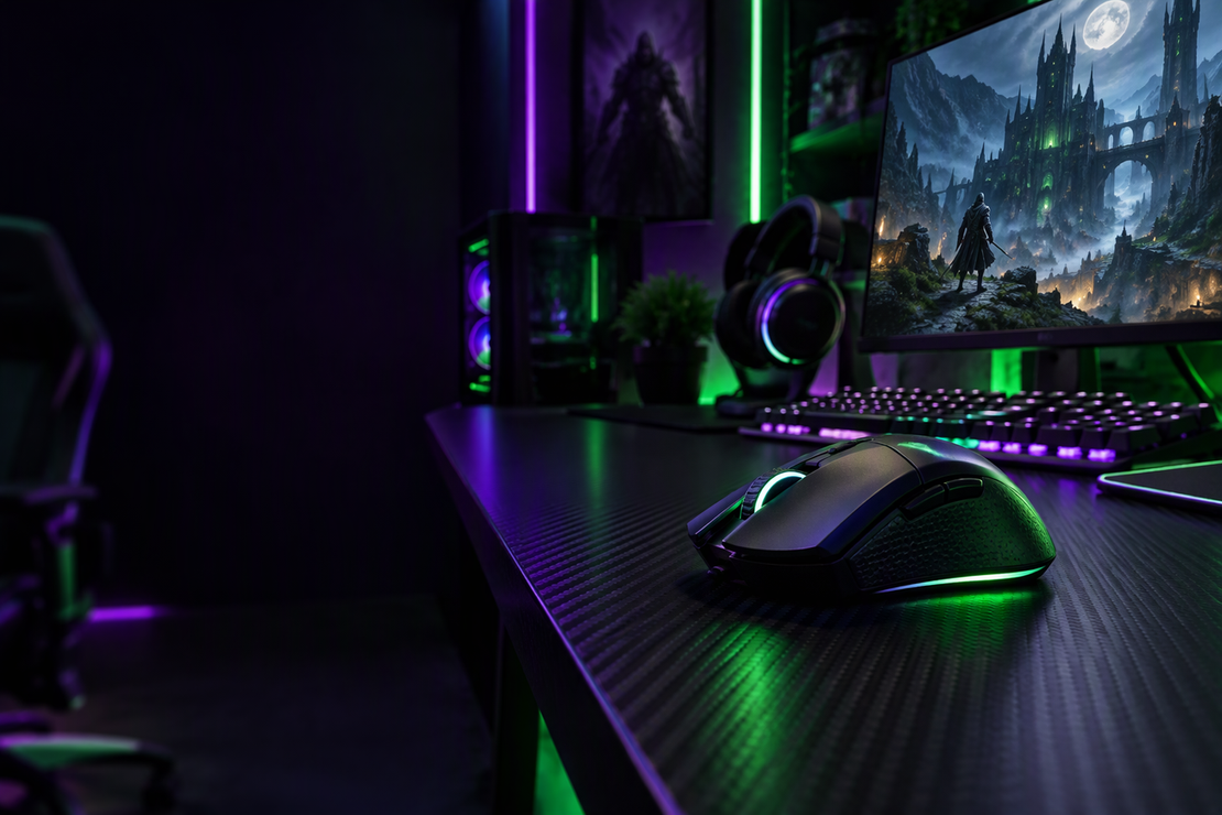 An unbranded gaming mouse on a carbon-fiber desk in front of a vivid gaming display, under green and purple RGB lighting.