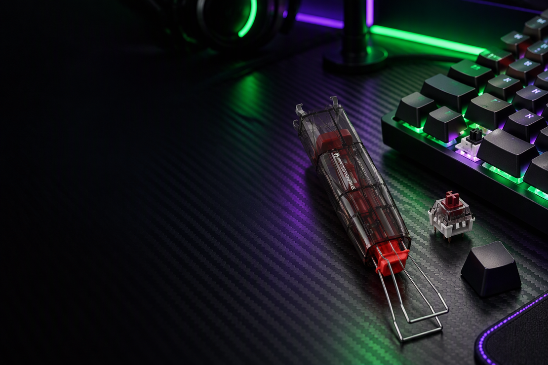 A hot-swap gaming keyboard with one switch position exposed and a switch puller resting beside it on a carbon-fiber desk.