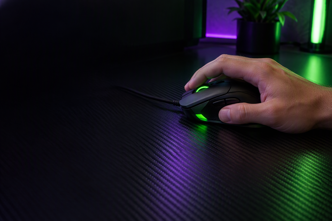 Hand resting in a natural grip on a gaming mouse at a dark, neon-lit gaming desk
